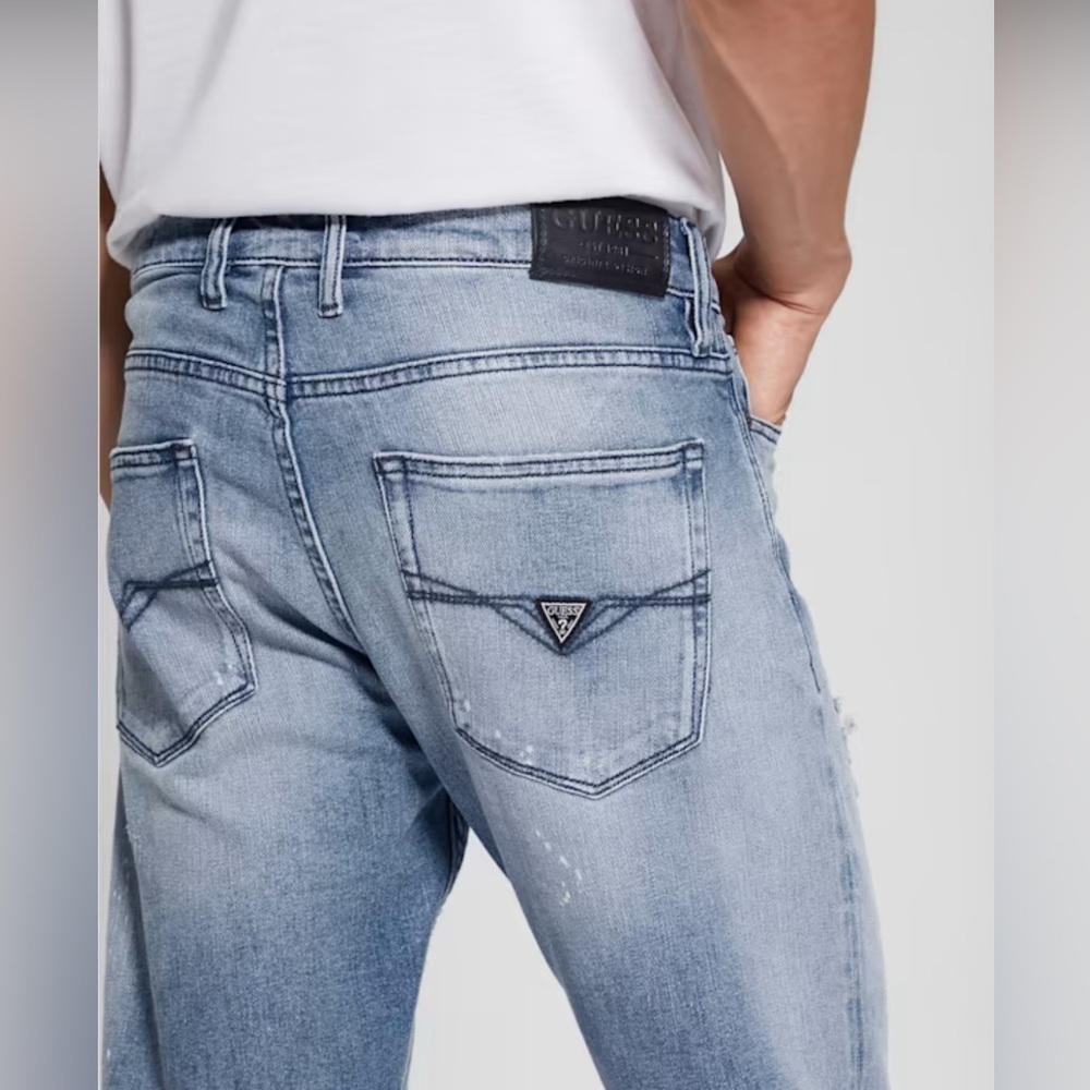 GUESS | Eco Rip-and-Repair Tapered Jeans | Blue | Size 34